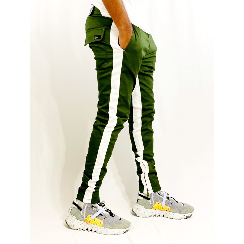 Striped Zip-Up Chino Pants - Olive